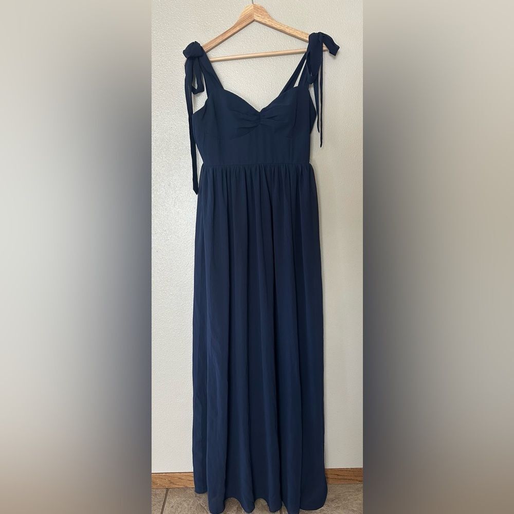 NWT Lulus Radiant Charisma Navy Chiffon Ruched Tie-Strap Maxi Dress Bridesmaid M - Picture 4 of 11